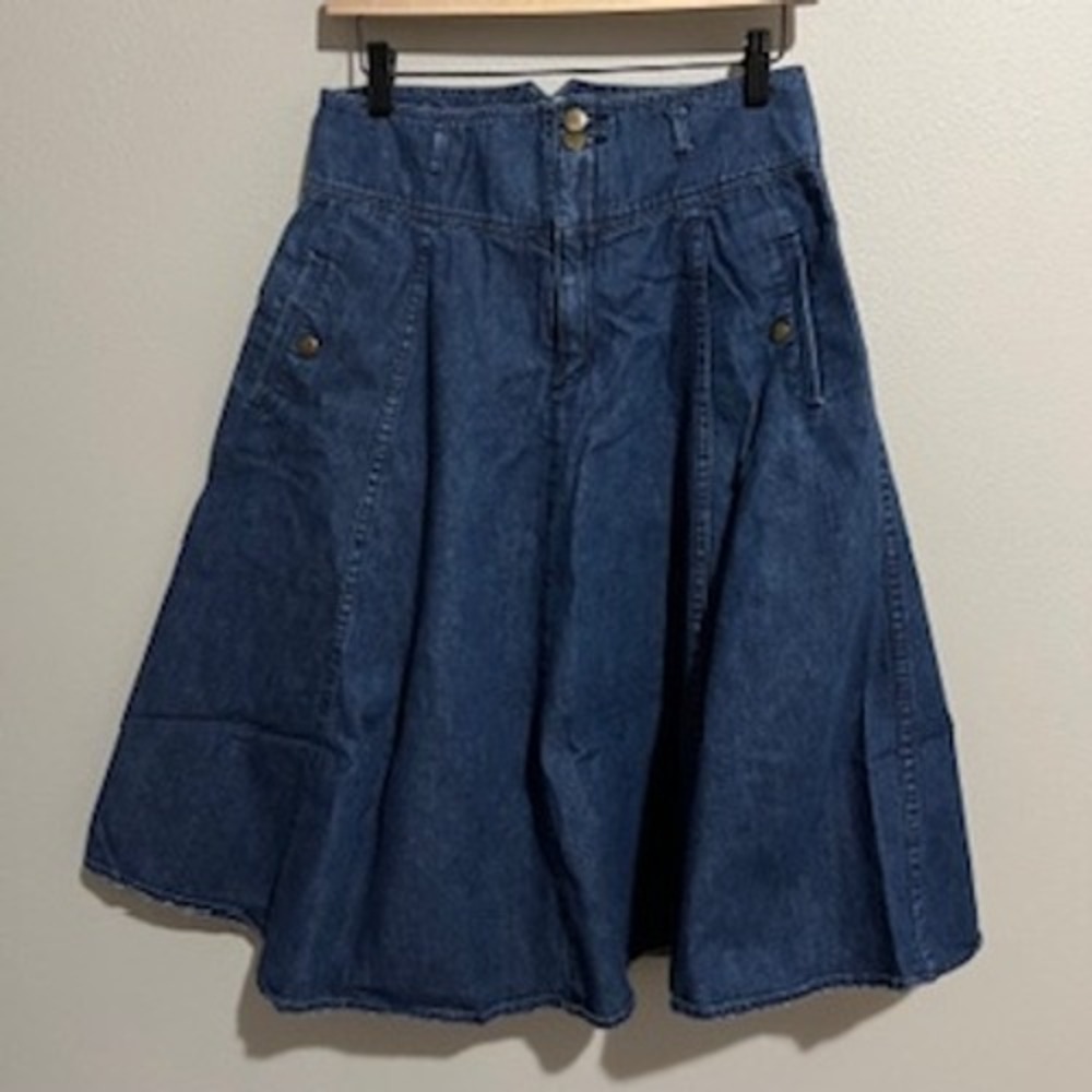Vintage 90s French Navy Womens High‎ Waisted Denim A-Line Midi Skirt Blue Size 6